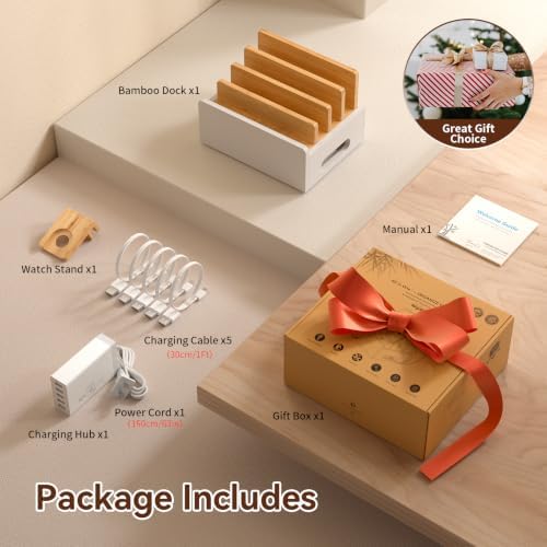 Pezin & Hulin Bamboo Charging Station with USB Charger&Cables-Natural+White