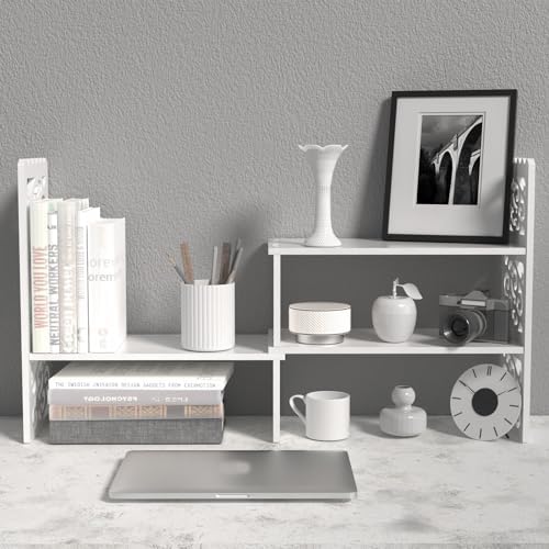MASAKA B&W - Kawaii Storage Desktop Organizer for Your Desk Space, Double H Plants Display Shelf, Home Office Storage Rack Adjustable Stackable for Office, Dormitory (White*09)