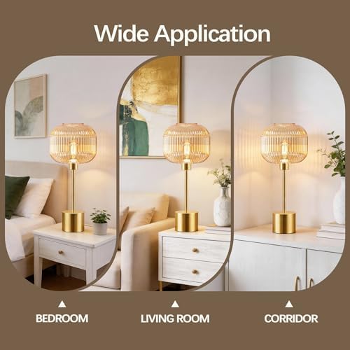 QiMH Glass Table Lamp for Living Room, Modern Bedside Lamp with Champagne Ribbed Glass Shade, 3-Way Dimmable Touch Control Nightstand Lamp for Bedroom, Brushed Gold (2700K LED Bulb Included)