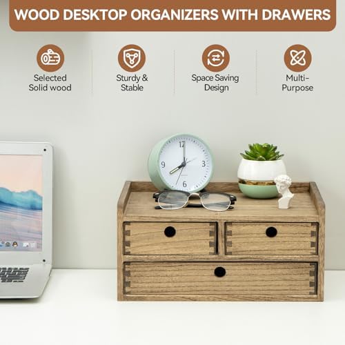 KIRIGEN Wooden Desk Organizer with 3 Drawers and Top Shelf Brown DT2D3C-DBR