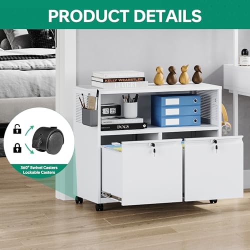 Letaya Mobile 2 Drawer File Cabinet with Lock, Metal Lateral Printer Stand Filing Storage Cabinets with Shelves for Home Office-A4/F4/Letter (White)