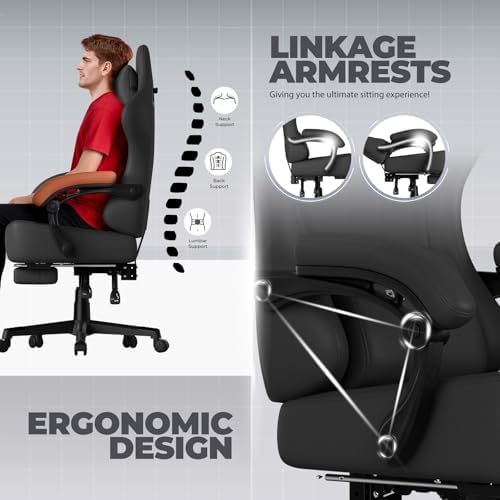 GTPLAYER Big and Tall Gaming Chair 400lbs Heavy Duty Office Chair with Footrest, High Back Pocket Spring Ergonomic Computer Chair for Adults, Wide Seated Cushion with Linkage Armrests, Leather Black