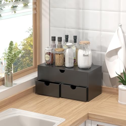 Bamboo Desk Organizer with Drawers Desktop Storage Drawers for Bills Office Supplies Kitchen Utensils Organizing Tool for Home Classroom Organization No Assembly (Black)