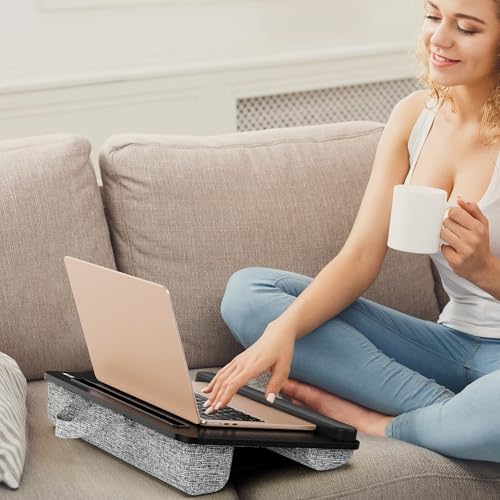 Besign LT08 Laptop Stand, Portable Lap Desk with Pillow Cushion, Fits up to 14 inch Laptop, with Anti-Slip Strip for Desk, Sofa & Bed, Black and Gray