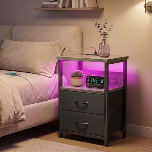 Fixwal Night Stand with Charging Station, Led Nightstand, 2 Fabric Drawers
