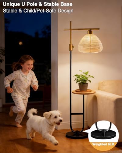 Dimmable Floor Lamp with Shelves, Corner Lamp E26 Bulb Included