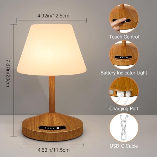 OUTON Rechargeable LED Shower & Table Lamp, Waterproof, USB Output, Stepless Dimming, 3 Colors, Power Indicator, Memory Function, Battery Operated Light for Home, Bathroom, Patio & Outdoor (Wood)