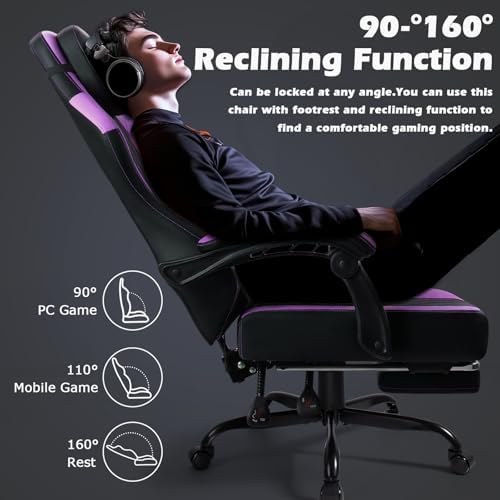 PUKAMI Gaming Chair with Footrest,Ergonomic Gamer Chair for Adults, Racing Style Reclining Computer Game Chair with Headrest and Lumbar Support (Purple)
