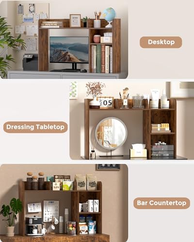 LAND·VOI Desktop Bookshelf, Countertop Storage Hutch with 5 Shelves for Computer Desk, Desk Organizer for Home Office Dorm, Dressing Tabletop, Bar Countertop, Rustic Brown EDS01R