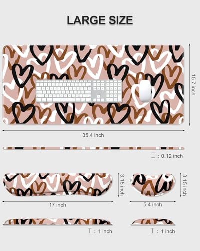 Auhoahsil Large Mouse Pad with Wrist Rests for Keyboard & Mouse, Thick Soft Ergonomic Memory Foam Wrist Supports, Big & Long Desk Mat 35.5 x 15.7 in, for Office Gaming Computer, Brown Heart