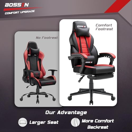 BOSSIN Racing Style Gaming Chair, Leather Computer Desk Chair with Footrest and Headrest, Ergonomic Heavy Duty Design, Large Size High-Back E-Sports, Big and Tall Gaming Chair