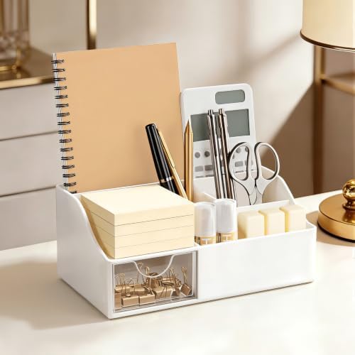 HBlife Acrylic Desk Organizer with Drawer, Pen & Pencil Holder, Multifunctional Desktop Caddy for Office Supply and Organization (White, 2 Pack)