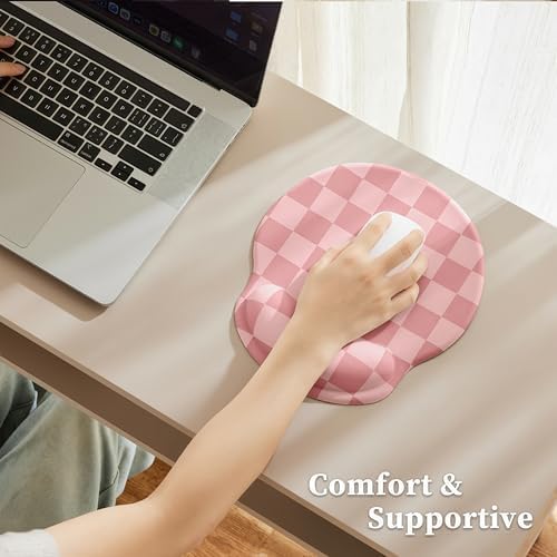Ohocut Coral Pink Checkered Mouse Pad with Gel Wrist Rest, Wrist Support, Ergonomic Desk Accessories for Women, Office Laptop Gaming Decor, Cute Aesthetic Check Design