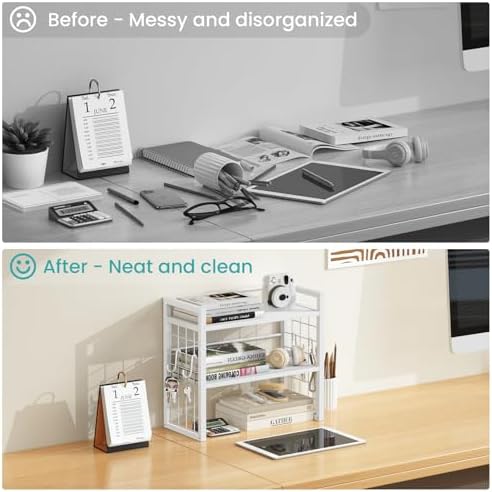 ELITEROO Desk Shelf Organizer, Tiered Wood Desktop Book Shelf, White