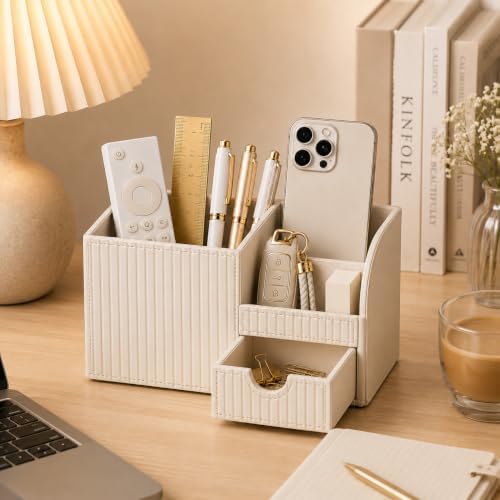 KINGFOM Luxury PU Leather Desk Organizer with Drawer, Modern Aesthetic Office Desk Accessories for Women, Multi-Compartment Pen Holder & Desktop Storage Organizer for Home Office, Cream White