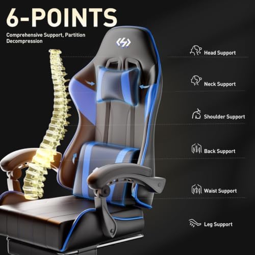 HLDIRECT Gaming Chair with Footrest, Lumbar Support & Headrest, Black&Blue