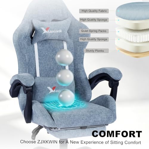 Fabric Gaming Chair for Adults, Ergonomic Computer Office Desk Chair with Footrest,Pocket Spring Cushion, Reclining High Back Silla Gamer for Home Office, Blue