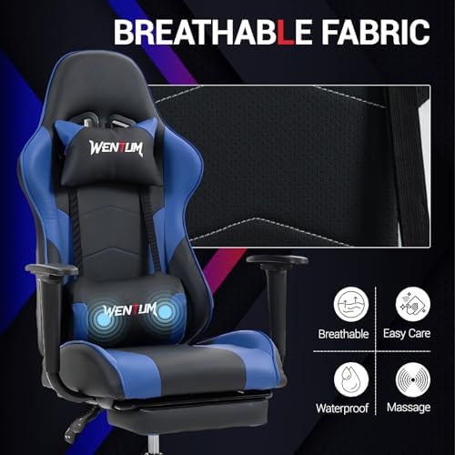 Gaming Chair with Footrest, Video Game Chair with Massage, PU Leather Computer Chair, Lumbar Support for Men Women, Home Office, Height Adjustable, Ergonomic High Back, Blue