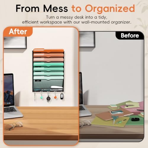 Wall File Holder Hanging Wall File Organizer, Wall Mount Mail Holder and Paper Organizer with Bottom Shelf & 5 Hooks for Office Home School (8-Tier)