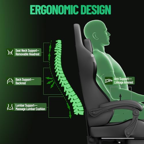 Ferghana PU Leather Gaming Chair, Ergonomic High Back Gamer Chair with Footrest and Linkage Armrest, Office Computer Video Game Chair for Adult, Grey/Black/Green
