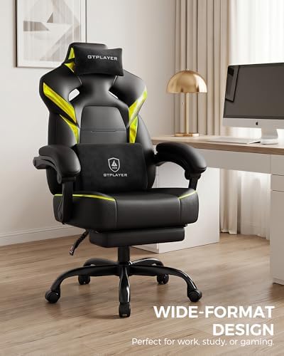 GTPLAYER Big and Tall Gaming Chair with Footrest, High Back Ergonomic Office Chair for Adults, Heavy Duty 350 lbs Capacity, Premium Leather & Iridescent Trim, ACE-Armor, Yellow