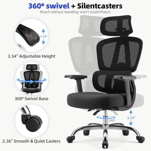 Office Chair Ergonomic Desk Chair Breathable Mesh Chair with Lumbar Support & Headrest, Black Office Chair 330 Lbs Home Computer Chair Thickened Cushion for Adults & Women (Small Chair)