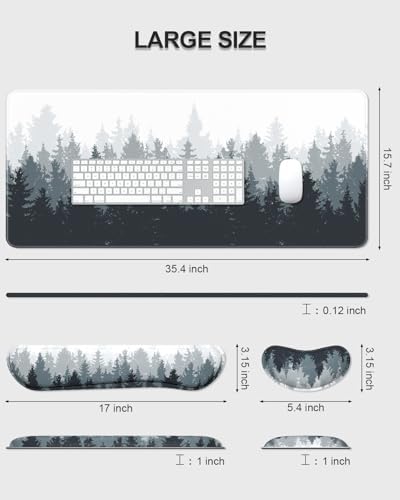 Auhoahsil Large Mouse Pad with Wrist Rests for Keyboard & Mouse, Thick Soft Ergonomic Memory Foam Wrist Supports, Big & Long Desk Mat 35.5 x 15.7 in, for Office Gaming Computer, Misty Forest