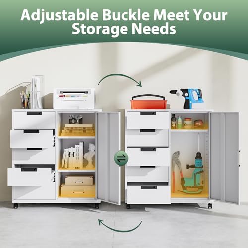 MIIIKO 5 Drawer Storage Cabinet with Door and Shelf, Mobile Lateral Cabinet on Wheels, Office Small Organizer Printer Stand, White File Cabinets