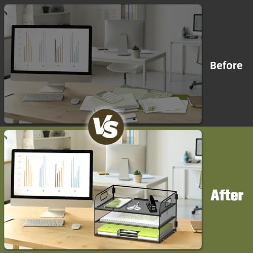 DALTACK 3 Tier Paper Organizer for Desk, Sliding Paper Trays, Black