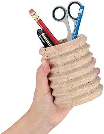 Pen Holder Stand for Desk, Natural Travertine Stone Makeup Brush Holders, Modern and Functional Pencil Cup for Office Supplies Tableware Organizer for Home Decor School Beige (PH90110)
