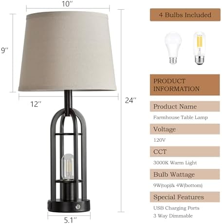 SRJJA 24" Farmhouse Touch Table Lamps for Living Room Set of 2 with USB A+C