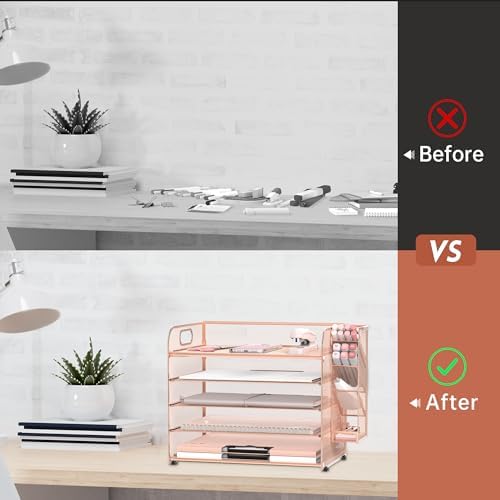 5-Tier Paper Organizer for Desk with Pen Holders, Letter Trays, Rose Gold