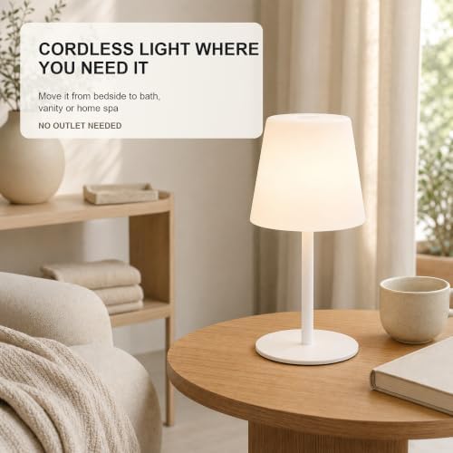 Rechargeable Cordless Table Lamp, IP65 Waterproof Touch Night Light with 4000mAh Battery, 3 Color Temperatures and Stepless Dimming for Bathroom, Nursery, Bedside and Skincare, White