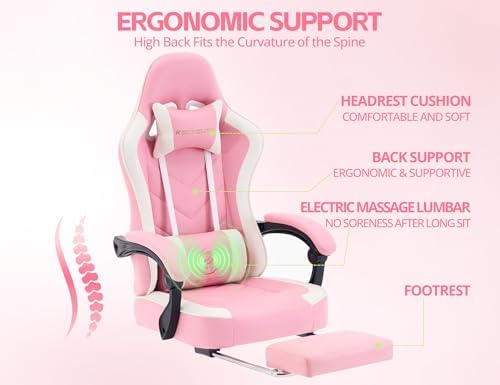 Office Desk Computer Gaming Chair for Adults, Ergonomic High Back Gamer Chair with Massage and Pocket Spring Cushion, Swivel Comfy Video Game Chairs with Footrest and Lumbar Support (Pink White)