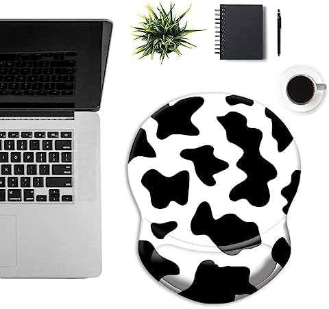 Ergonomic Mouse Pad with Support - Comfortable Wrist Rest, Non-Slip PU Base for Home Office, Studying, Gaming (Black White Cow)