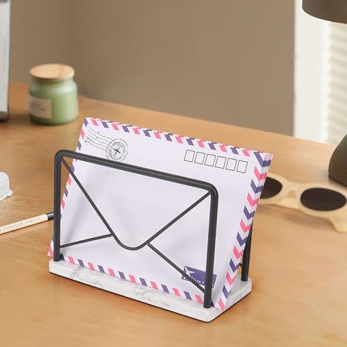 Modern Mail Holder for Home Office, Metal Letter Organizer Sorter for Desk, Cutout Mail Envelope Design, Bill Filling Paper Document Rack, Envelope Storage Rack with Marble Base (Black)