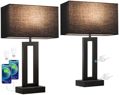 Seealle Nightstand Table Lamps for Bedrooms Set of 2 - Touch Bedside Lamp with USB C+A, 3 Way Dimmable Living Room End Tables 2, Modern Night Stand Bed Side Guest Room(Black) E. Black