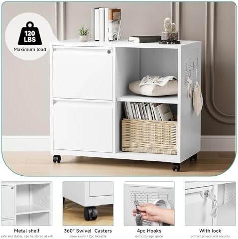 SISESOL 2 Drawer File Cabinet with Lock and Shelf,Mobile Lateral Filing Cabinet,Metal File Organizer Cabinet with Open Storage Shelves for Home Office Fit Legal/Letter A4 Size