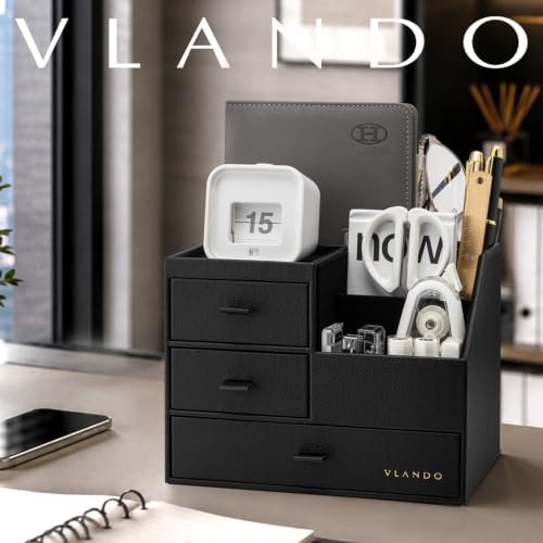 Desk Organizer with Drawer, Luxury 7 Compartments Leather Desk Caddy, Black