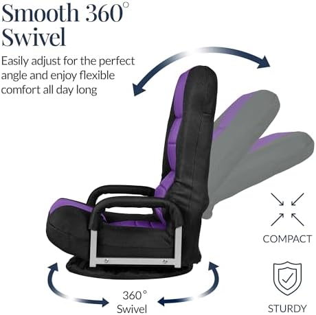 Best Choice Products Swivel Gaming Chair 360 Degree Multipurpose Floor Chair Rocker for TV, Reading, Playing Video Games w/Lumbar Support, Armrest Handles, Adjustable Foldable Backrest - Black/Purple