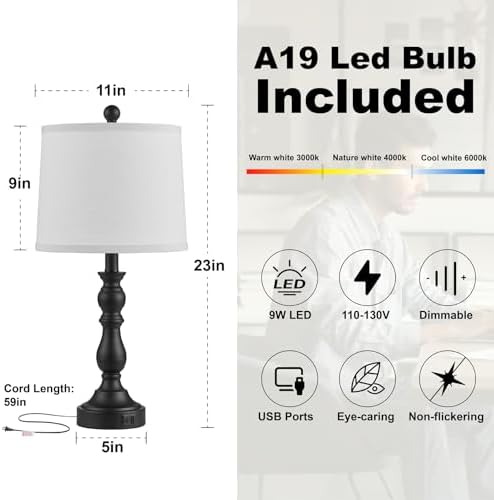 Black Table Lamps Set of 2, Black Lamps for Bedroom, USB C+A Ports