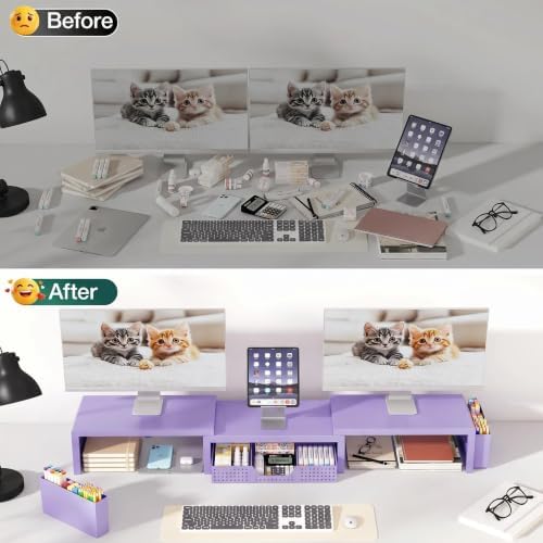 OPNICE Desk Organizer and Accessories, Computer Monitor Stand Riser with Drawer and 2 Pen Holders, Laptop Stand, Office Desk Accessories for Office Supplies, Purple
