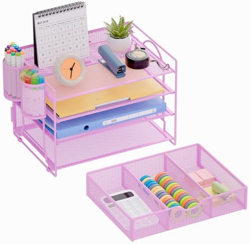 Marbrasse Desk Organizer, 4-Tier Paper File Letter Tray, Purple