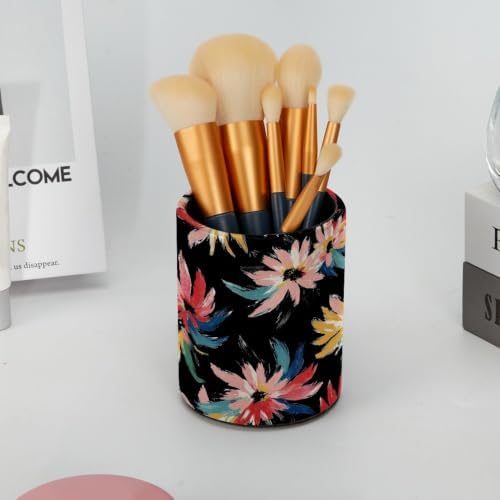 Leather Pen Holder for Desk, Multicolor Floral Pencil Cup Pen Organizer Makeup Brush Holder for Office Home Kids Countertop Desk Accessory Storage