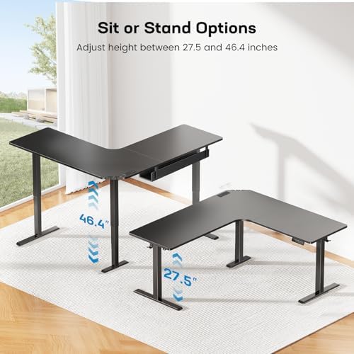 HUANUO 63" x 63" L-Shaped Standing Desk, Built-in Power Outlets, Black