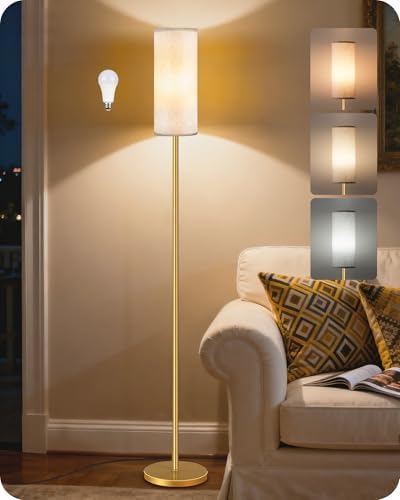 Dimmable Floor Lamp for Living Room with Remote and Foot Switch, Standing Tall Lamp, Bulb Included, 3000K-6500K, Beige and Gold, FCC Listed DE06LD05W1