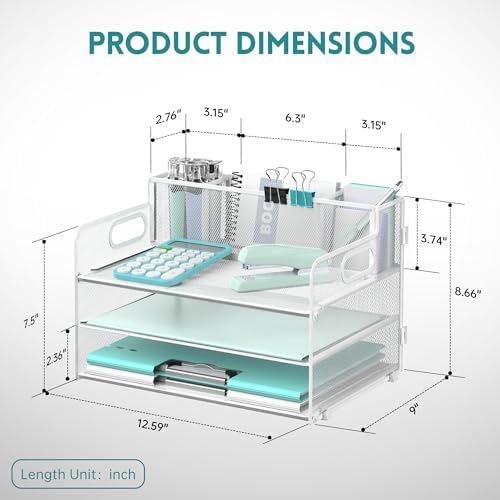 3-Tier Desk Organizer with Pen Holder and Handles, Paper Organizer, White
