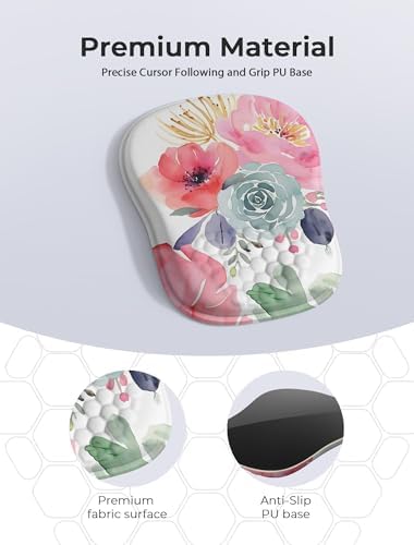 Watercolor Floral Ergonomic Mouse Pad for Carpal Tunnel Pain Relief, 65% Usable Mouse Area, Memory Foam Concave Wrist Rest for Office, PC, Gaming