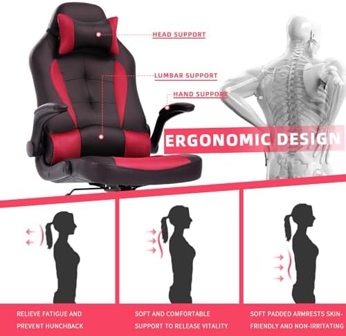 Video Gaming Chair,Ergonomic Computer Office Desk Chair with Lumbar Support Flip Up Arms Adjustable Height Swivel PU Leather Executive with Wheels for Kids Adults Women Men Gaming Home Office(Red)