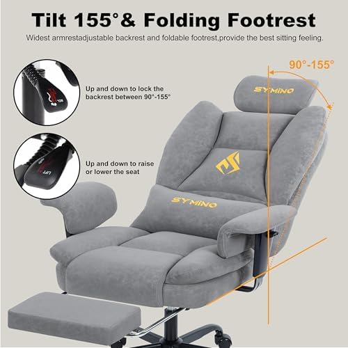 Symino Gaming Chair with Footrest, Up/Down Armrests, Suede Fabric Ergonomic Office Chair, 155° Recline Computer Chair for Desk, Grey